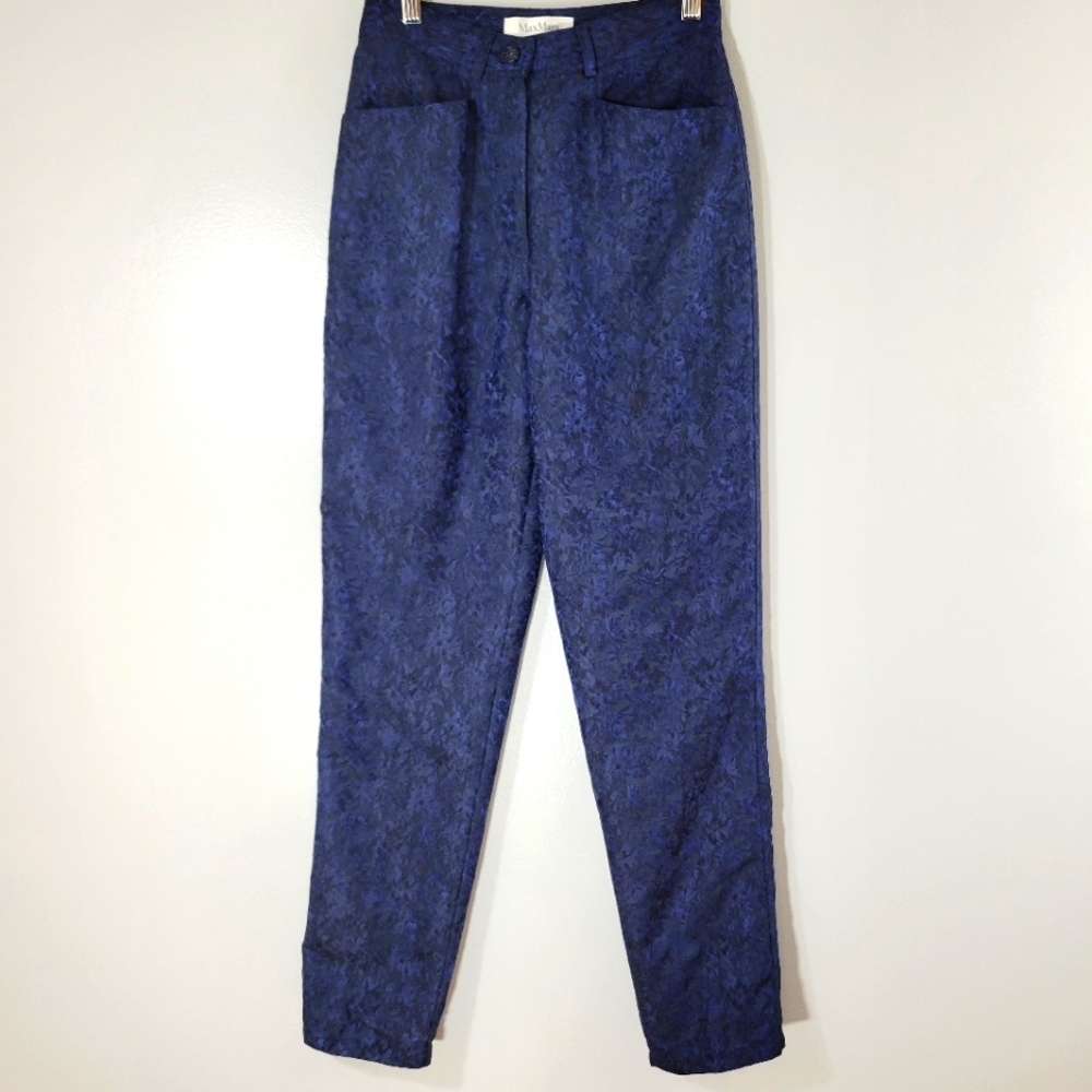 MAXMARA navy damask jacquard silk blend high rise dress pant trousers